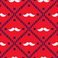 American Hipster Mustache Tartan Plaid and Argyle Vector Patterns in Patriotic Red, White and Blue. 4th of July or Father`s Day