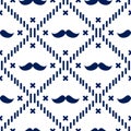 American Hipster Mustache Tartan Plaid and Argyle Vector Patterns in Patriotic White and Blue. 4th of July or Father`s Day