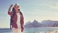 American hipster tourist at Ipanema beach at Rio de Janeiro