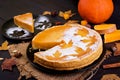 American homemade pumpkin pie with cinnamon and nutmeg