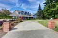 American house exterior with blue and white trim. Also red front door Royalty Free Stock Photo