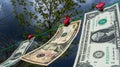 American hundred dollar bills hang from a rope on clothespins against a cloudy sky. The concept of money laundering Royalty Free Stock Photo