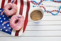 American independence day, celebration, patriotism and holidays concept. Sweet donut with candies in disposable Royalty Free Stock Photo