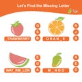 Find the missing letter of the tropical fruits game for Preschool.
