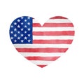 American Independence Day watercolor illustration. Hand painted USA flag in heart shape. Happy 4th of July. I love