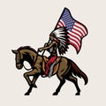 American Indian Chief Riding Horse and Hold the American Flag Royalty Free Stock Photo