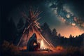 American Indian sitting near bonfire and big mystical tree at night