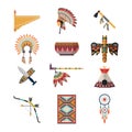 American indian symbols. Bow, axe, headdress, wigwam