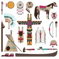 American indian symbols and tribal accessories fiat icons set isolated