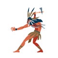 American indian warrior ran to attack its prey. Unusual savage costume, jewelry, makeup combat and tomahawk in hand Royalty Free Stock Photo