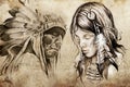 American indian woman, Tattoo sketch