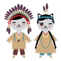 American indians Kawaii boy and girl in national costume. Cartoon kawaii cat in traditional dress Indigenous peoples of the