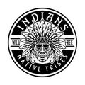 American indians vector vintage round emblem, label, badge or logo with chief head in monochrome style isolated on white