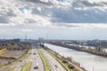 American industrial landscape in Longueuil, in South Shore Rive Sud suburb of Montreal, Quebec, with large expressway