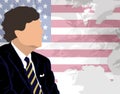 American journalist Tucker Carlson on the background of a US map with a flag texture. Copy space