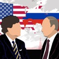 Profile of american journalist Tucker Carlson and Russian President Vladimir Putin against the backdrop of the US and Russian