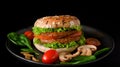 American junk food in plant based ingredients, juicy grilled vegan meat burger