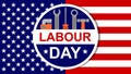 American labour day banner with screwdriver, wrench pipe wrench and USA flag as background