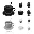 American, late, irish, cappuccino.Different types of coffee set collection icons in black,monochrom style vector symbol