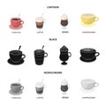 American, late, irish, cappuccino.Different types of coffee set collection icons in cartoon,black,monochrome style
