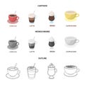 American, late, irish, cappuccino.Different types of coffee set collection icons in cartoon,outline,monochrome style