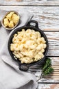 American mac and cheese, macaroni pasta in cheesy sauce. White wooden background. Top view Royalty Free Stock Photo