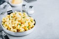 American mac and cheese, macaroni and cheese pasta in pan Royalty Free Stock Photo