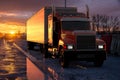 An American Mack truck on the road during a dramatic sunrise Royalty Free Stock Photo