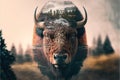 Male bison grazing on grassland with double exposure natural background