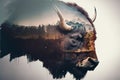 Male bison grazing on grassland with double exposure natural background