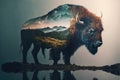 Wondrous male bison grazing on grassland with double exposure natural background