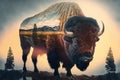 Wondrous male bison grazing on grassland with double exposure natural background