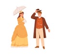 American Man And Woman Of 19th Century. Noble People In Vintage Clothes. Gentleman With Hat Off Greeting Lady In