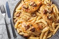 American Marry Me Chicken pasta with sun-dried tomatoes, cheese, herbs and aromatic creamy sauce close-up in a plate. Horizontal Royalty Free Stock Photo