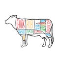 American Meat cuts diagram poster design. Beef scheme for butcher shop vector illustration. Cow animal silhouette vintage retro Royalty Free Stock Photo