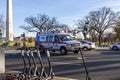 An American Medical Response Ambulance is rushing to an emergency with bells and whistles