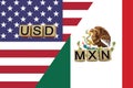 American and Mexican currencies codes on national flags background