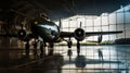 American military bomber aircraft with bombs parked in airport base hangar ready for flight attack. Generative AI Royalty Free Stock Photo