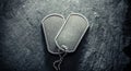 American military dog tags. Rough and worn with blank space for text. Memorial Day or Veterans Day