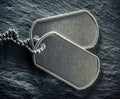 American military dog tags. Rough and worn with blank space for text. Memorial Day or Veterans Day Royalty Free Stock Photo