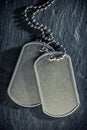 American military dog tags. Rough and worn with blank space for text. Memorial Day or Veterans Day