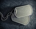 American military dog tags. Rough and worn with blank space for text. Memorial Day or Veterans Day concept