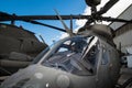 American military helicopter cabin at heliport.