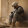 American military soldier sitting in against a wall in combat zone thinking and reflecting - generative ai Royalty Free Stock Photo