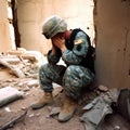 American military soldier sitting in rubble with his head buried in his hands - generative ai Royalty Free Stock Photo