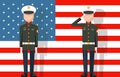 American military veteran ceremonial dress stands attention salutes flag background flat icon vector illustration