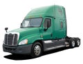 American modern Freightliner Cascadia tractor with blue-green cab.