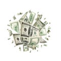 Hundred dollar bill. Falling money isolated background. American