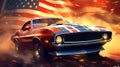 American Muscle Car with USA Flag