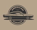 American muscle car vector. Supercar garage logo template. Old auto silhouette label